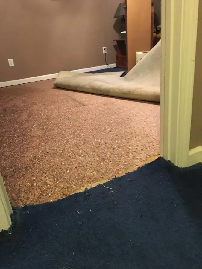 Carpet pad removal revealing water damage during Water Mitigation Services in Pequannock